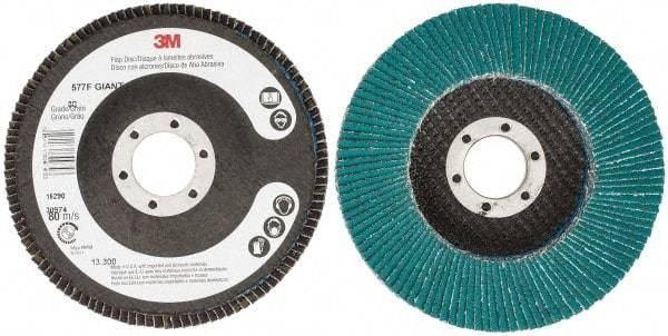 3M - 80 Grit, 4-1/2" Disc Diam, 7/8" Center Hole, Type 27 Zirconia Alumina Flap Disc - 13,300 Max RPM, Cloth Backing, Arbor Attaching System, Coated - Industrial Tool & Supply