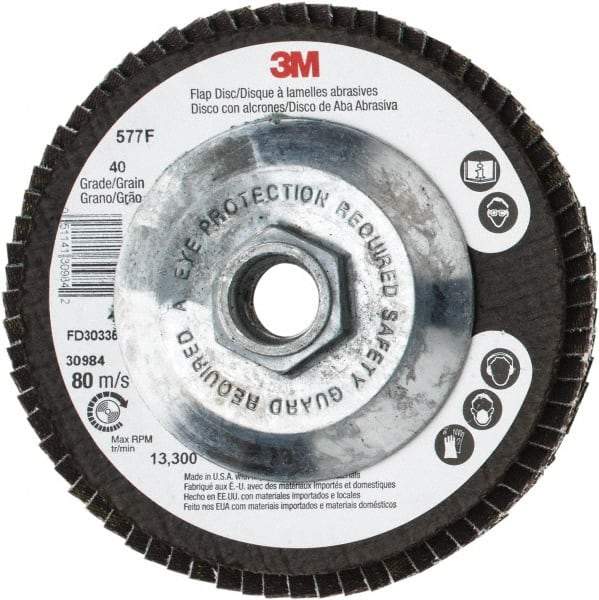 3M - 40 Grit, 4-1/2" Disc Diam, 5/8-11 Center Hole, Type 29 Zirconia Alumina Flap Disc - 13,300 Max RPM, Cloth Backing, Arbor Attaching System, Coated - Industrial Tool & Supply