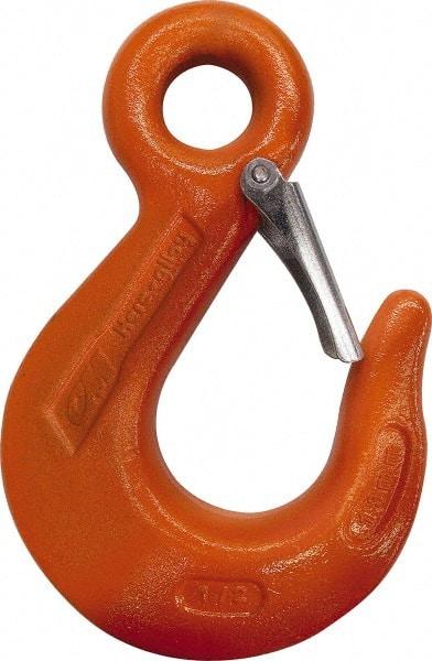 CM - Chain Grade 100, 4,300 Lbs. Load Limit Eye Sling Hook with Latch - 2-1/2 Inch Hook Throat, 4-3/4 Inch Reach, 0.63 Inch Eye Inside Diameter, 9/32 Inch Chain Diameter, 6.45 Inch Overall Length, 0.47 Inch Eye Thickness - Industrial Tool & Supply