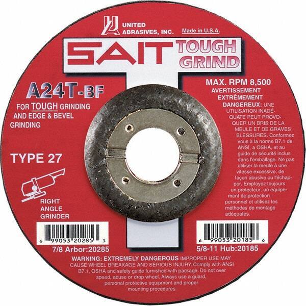 Sait - 24 Grit, 5" Wheel Diam, 1/4" Wheel Thickness, 7/8" Arbor Hole, Type 27 Depressed Center Wheel - Aluminum Oxide, Resinoid Bond, T Hardness, 12,200 Max RPM, Compatible with Angle Grinder - Industrial Tool & Supply