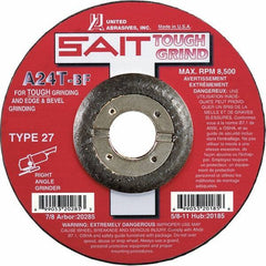 Sait - 24 Grit, 5" Wheel Diam, 1/4" Wheel Thickness, 7/8" Arbor Hole, Type 27 Depressed Center Wheel - Aluminum Oxide, Resinoid Bond, T Hardness, 12,200 Max RPM, Compatible with Angle Grinder - Industrial Tool & Supply
