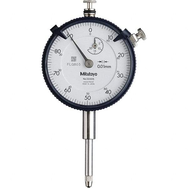 Mitutoyo - 20mm Range, 0-100 Dial Reading, 0.01mm Graduation Dial Drop Indicator - 57mm Dial, 1mm Range per Revolution, 0.2mm Accuracy, Revolution Counter - Industrial Tool & Supply