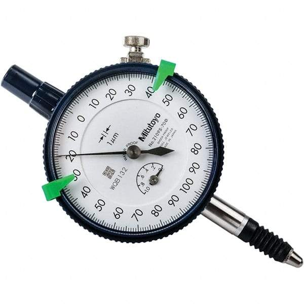 Mitutoyo - 1mm Range, 0-100-0 Dial Reading, 0.001mm Graduation Dial Drop Indicator - 57mm Dial, 0.2mm Range per Revolution, 0.005mm Accuracy, Revolution Counter - Industrial Tool & Supply