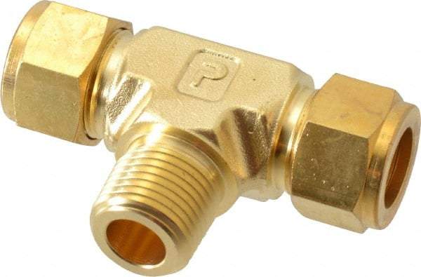 Parker - 5/8" OD, Brass Male Branch Tee - 2,000 Max Working psi, 7/8" Hex, Comp x Comp x MNPT Ends - Industrial Tool & Supply