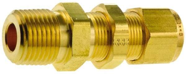 Parker - 1/4" OD, Brass Bulkhead Connector - 3,500 Max Working psi, 11/16" Hex, Comp x MNPT Ends - Industrial Tool & Supply