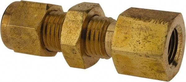Parker - 1/4" OD, Brass Bulkhead Female Connector - 3,500 Max Working psi, 5/8" Hex, Comp x FNPT Ends - Industrial Tool & Supply