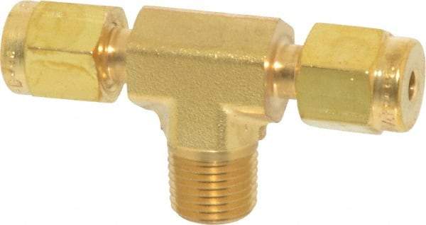 Parker - 1/8" OD, Brass Male Branch Tee - 3,600 Max Working psi, 7/16" Hex, Comp x Comp x MNPT Ends - Industrial Tool & Supply