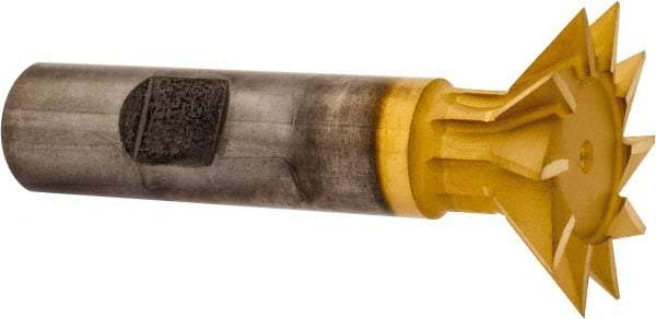 Made in USA - 1-3/8" Diam x 3/8" Width of Cut, 45° Included Angle, High Speed Steel Dovetail Cutter - 5/8" Shank Diam, 2-1/2" Shank Length, 2-7/8" Overall Length, Weldon Flat, TiN Coated - Industrial Tool & Supply