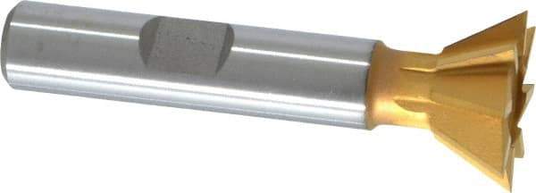 Made in USA - 3/4" Diam x 5/16" Width of Cut, 60° Included Angle, High Speed Steel Dovetail Cutter - 3/8" Shank Diam, 2-1/8" Overall Length, Weldon Flat, TiN Coated - Industrial Tool & Supply