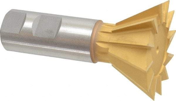 Made in USA - 2-1/4" Diam x 1-1/16" Width of Cut, 60° Included Angle, High Speed Steel Dovetail Cutter - 1" Shank Diam, 3-3/4" Overall Length, Weldon Flat, TiN Coated - Industrial Tool & Supply