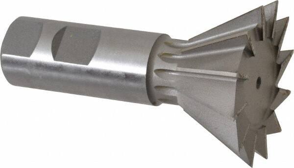 Made in USA - 2-1/4" Diam x 1-1/16" Width of Cut, 60° Included Angle, High Speed Steel Dovetail Cutter - 1" Shank Diam, 3-3/4" Overall Length, Weldon Flat, Uncoated - Industrial Tool & Supply