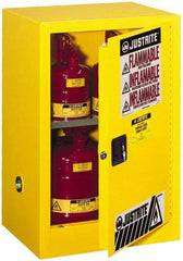 Justrite - 1 Door, 1 Shelf, Yellow Steel Space Saver Safety Cabinet for Flammable and Combustible Liquids - 35" High x 23-1/4" Wide x 18" Deep, Manual Closing Door, 12 Gal Capacity - Industrial Tool & Supply