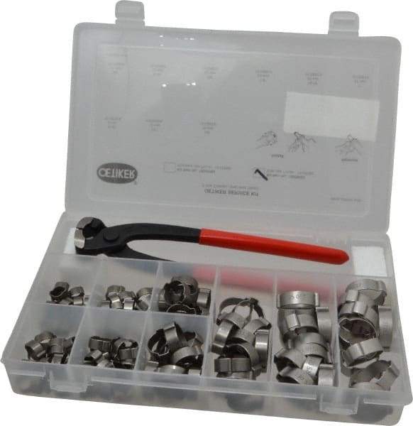 Oetiker - 124 Piece, 5/16 to 1" Diam, 2-Ear Service Clamp Kit - 123 Clamps & 1 Stainless Steel Side Jaw Pincer - Industrial Tool & Supply