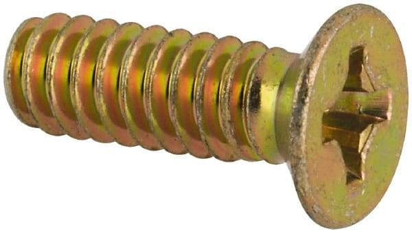 Made in USA - #6-32 UNC, 7/16" OAL Phillips Drive Machine Screw - Flat Head, Grade 3 Steel, Yellow Cadmium-Plated Finish, Without Washer - Industrial Tool & Supply