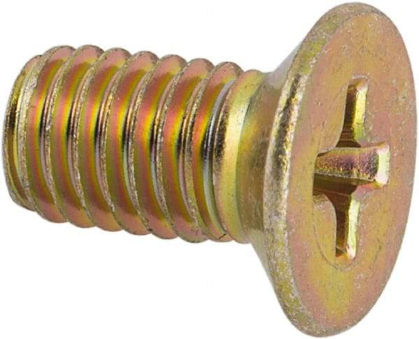 Made in USA - #10-32 UNF, 3/8" OAL Phillips Drive Machine Screw - Flat Head, Grade 3 Steel, Yellow Cadmium-Plated Finish, Without Washer - Industrial Tool & Supply