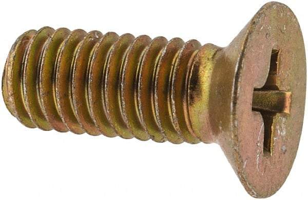 Made in USA - #10-32 UNF, 1/2" OAL Phillips Drive Machine Screw - Flat Head, Grade 3 Steel, Yellow Cadmium-Plated Finish, Without Washer - Industrial Tool & Supply