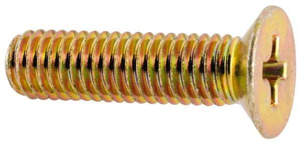 Made in USA - #10-32 UNF, 3/4" OAL Phillips Drive Machine Screw - Flat Head, Grade 3 Steel, Yellow Cadmium-Plated Finish, Without Washer - Industrial Tool & Supply
