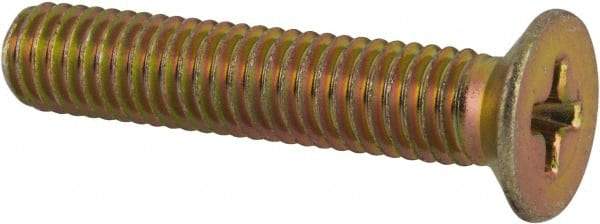 Made in USA - #10-32 UNF, 1" OAL Phillips Drive Machine Screw - Flat Head, Grade 3 Steel, Yellow Cadmium-Plated Finish, Without Washer - Industrial Tool & Supply