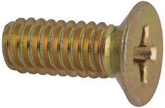 Made in USA - #8-32 UNC, 7/16" OAL Phillips Drive Machine Screw - Flat Head, Grade 3 Steel, Yellow Cadmium-Plated Finish, Without Washer - Industrial Tool & Supply