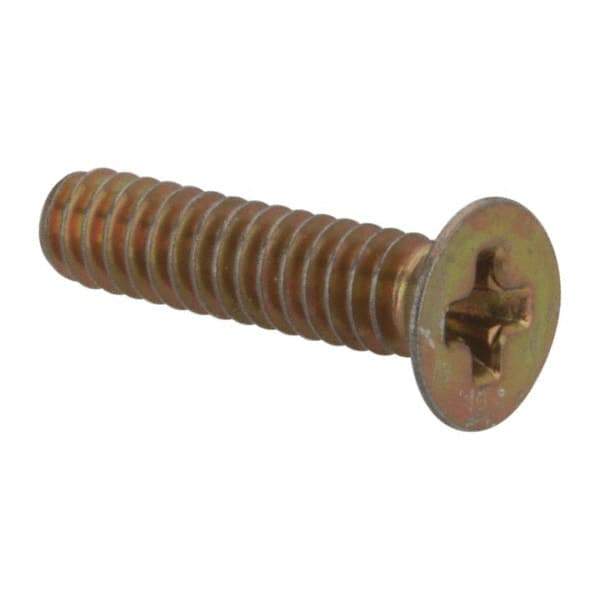 Made in USA - #4-40 UNC, 1/2" OAL Phillips Drive Machine Screw - Flat Head, Grade 3 Steel, Yellow Cadmium-Plated Finish, Without Washer - Industrial Tool & Supply