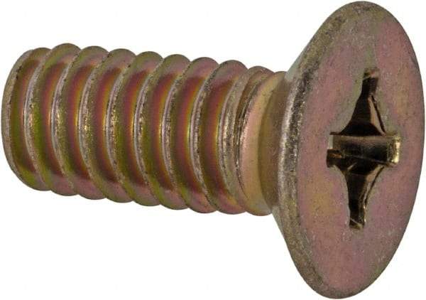 Made in USA - 1/4-20 UNC, 5/8" OAL Phillips Drive Machine Screw - Flat Head, Grade 3 Steel, Yellow Cadmium-Plated Finish, Without Washer - Industrial Tool & Supply
