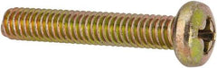 Made in USA - #8-32 UNC, 1" Length Under Head Phillips Drive Machine Screw - Pan Head, Grade 3 Steel, Yellow Cadmium-Plated Finish, Without Washer - Industrial Tool & Supply