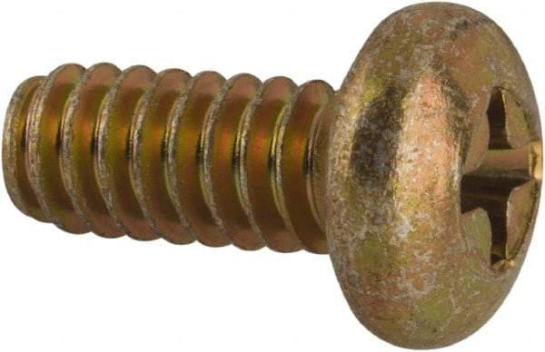 Made in USA - #10-24 UNC, 7/16" Length Under Head Phillips Drive Machine Screw - Pan Head, Grade 3 Steel, Yellow Cadmium-Plated Finish, Without Washer - Industrial Tool & Supply