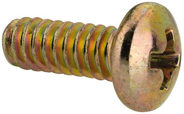 Made in USA - #10-24 UNC, 1/2" Length Under Head Phillips Drive Machine Screw - Pan Head, Grade 3 Steel, Yellow Cadmium-Plated Finish, Without Washer - Industrial Tool & Supply