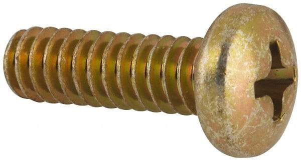 Made in USA - #10-24 UNC, 5/8" Length Under Head Phillips Drive Machine Screw - Pan Head, Grade 3 Steel, Yellow Cadmium-Plated Finish, Without Washer - Industrial Tool & Supply