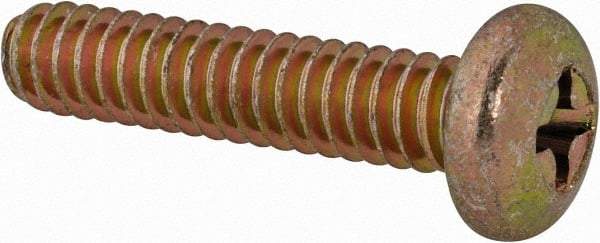 Made in USA - #10-24 UNC, 7/8" Length Under Head Phillips Drive Machine Screw - Pan Head, Grade 3 Steel, Yellow Cadmium-Plated Finish, Without Washer - Industrial Tool & Supply