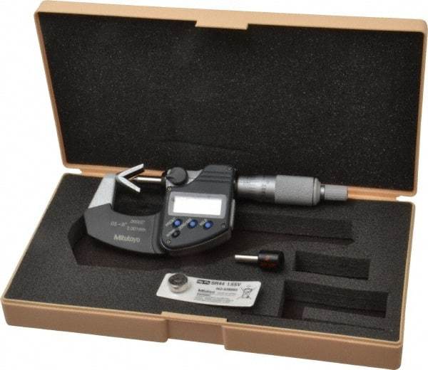 Mitutoyo - 0.05 to 0.6 Inch Measurement, Accuracy Up to 4 micro m, 3 Flutes Measured, Ratchet Stop Thimble, Electronic V Anvil Micrometer - 0.0001 Inch Resolution, Carbide, Data Output, SR44 Battery - Industrial Tool & Supply