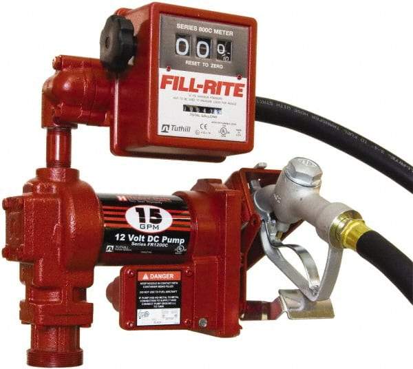 Tuthill - 15 GPM, 3/4" Hose Diam, DC Tank Pump with Manual Nozzle & 807C Meter - 1" Inlet, 3/4" Outlet, 12 Volts, 12' Hose Length, 1/4 hp - Industrial Tool & Supply