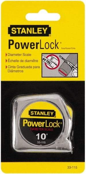 Stanley - 10' x 1/4" Yellow Blade Tape Measure - 1/32 & 1/16" Graduation, Inch Graduation Style, Silver Case - Industrial Tool & Supply