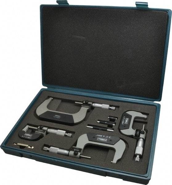 Fowler - 0 to 4" Range, Mechanical Outside Micrometer Set - 0.0001" Graduation, 0.00016" Accuracy, Ratchet Stop Thimble - Industrial Tool & Supply