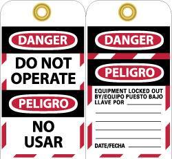 NMC - 3" High x 6" Long, DANGER - DO NOT OPERATE, Safety & Facility Lockout Tag - Tag Header: Danger, 2 Sides, Black, Red & White Unrippable Vinyl - Industrial Tool & Supply