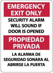NMC - Emergency Exit Only - Security Alarm Will Sound If Door Is Opened, Aluminum Exit Sign - 10" Wide x 14" High, English/Spanish - Industrial Tool & Supply