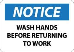 NMC - Restroom, Janitorial & Housekeeping Label, Header: NOTICE - Legend: Notice - Wash Hands Before Returning to Work, English, Black, Blue & White, 5" Long x 3" High, Sign Muscle Finish - Industrial Tool & Supply