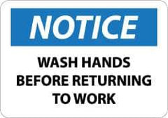 NMC - Restroom, Janitorial & Housekeeping Label, Header: NOTICE - Legend: Notice - Wash Hands Before Returning to Work, English, Black, Blue & White, 5" Long x 3" High, Sign Muscle Finish - Industrial Tool & Supply