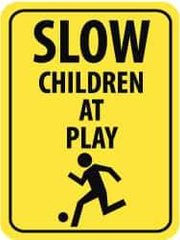NMC - "Slow - Children at Play", "Child Playing", 18" Wide x 24" High, Aluminum Traffic Control Signs - 0.08" Thick, Black on Yellow, High Intensity Reflectivity, Rectangle, Post Mount - Industrial Tool & Supply
