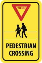 NMC - "Yield - Pedestrian Crossing", "Pedestrians, Red Triangle", 18" Wide x 24" High, Aluminum Pedestrian Crossing Signs - 0.08" Thick, Red & Black on Yellow, High Intensity Reflectivity, Rectangle, Post Mount - Industrial Tool & Supply