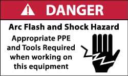 NMC - Accident Prevention Label, Header: DANGER - Legend: Danger - Arc Flash and Shock Hazard - Appropriate Pipe and Tools Required When Working On Equipment, English, Red, Black & White, 5" Long x 3" High, Sign Muscle Finish - Industrial Tool & Supply