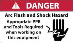 NMC - Accident Prevention Label, Header: DANGER - Legend: Danger - Arc Flash and Shock Hazard - Appropriate Pipe and Tools Required When Working On Equipment, English, Red, Black & White, 5" Long x 3" High, Sign Muscle Finish - Industrial Tool & Supply