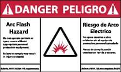 NMC - Accident Prevention Label, Header: DANGER - Legend: Danger - Arc Flash Hazard, English & Spanish, Red, Black & White, 5" Long x 3" High, Sign Muscle Finish - Industrial Tool & Supply
