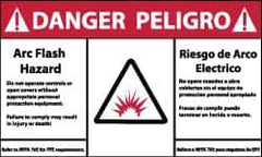 NMC - Accident Prevention Label, Header: DANGER - Legend: Danger - Arc Flash Hazard, English & Spanish, Red, Black & White, 5" Long x 3" High, Sign Muscle Finish - Industrial Tool & Supply