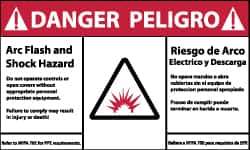 NMC - Accident Prevention Label, Header: DANGER - Legend: Danger - Arc Flash and Shock Hazard, English & Spanish, Red, Black & White, 5" Long x 3" High, Sign Muscle Finish - Industrial Tool & Supply