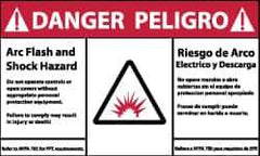 NMC - Accident Prevention Label, Header: DANGER - Legend: Danger - Arc Flash and Shock Hazard, English & Spanish, Red, Black & White, 5" Long x 3" High, Sign Muscle Finish - Industrial Tool & Supply
