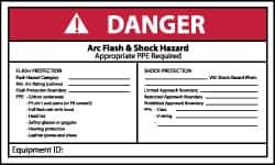 NMC - Accident Prevention Label, Header: DANGER - Legend: Danger - Arc Flash & Shock Hazard - Appropriate Pipe Required - Shows Check List, English, Red, Black & White, 5" Long x 3" High, Sign Muscle Finish - Industrial Tool & Supply