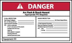 NMC - Accident Prevention Label, Header: DANGER - Legend: Danger - Arc Flash & Shock Hazard - Appropriate Pipe Required - Shows Check List, English, Red, Black & White, 5" Long x 3" High, Sign Muscle Finish - Industrial Tool & Supply