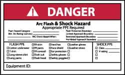 NMC - Accident Prevention Label, Header: DANGER - Legend: Danger - Arc Flash & Shock Hazard - Appropriate Pipe Required, English, Red, Black & White, 5" Long x 3" High, Sign Muscle Finish - Industrial Tool & Supply