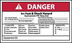NMC - Accident Prevention Label, Header: DANGER - Legend: Danger - Arc Flash & Shock Hazard - Appropriate Pipe Required, English, Red, Black & White, 5" Long x 3" High, Sign Muscle Finish - Industrial Tool & Supply